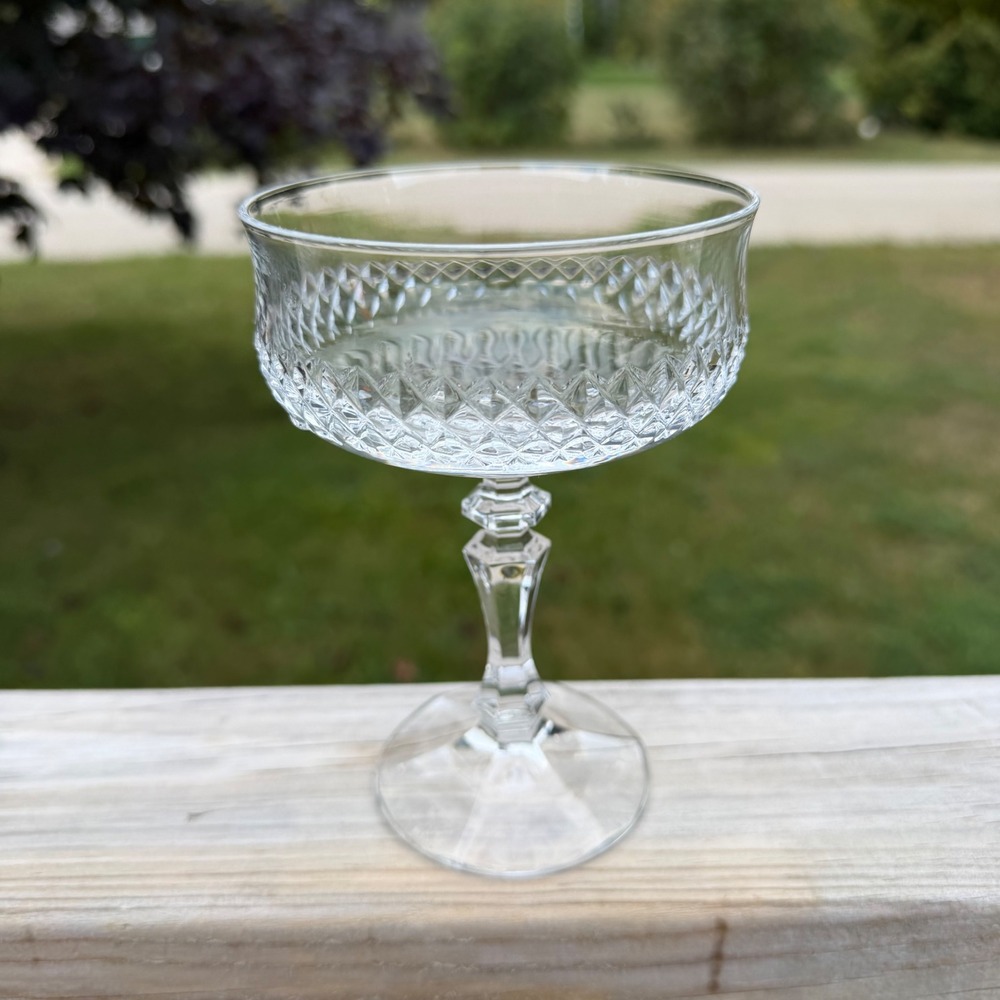 Vintage Diamond Cut Champagne Coupe Glasses Set of 3 Clear Stemware Barware